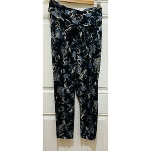 Rebecca Taylor Paisley Print Tie Waist Pants Size 2 Black Blue‎
